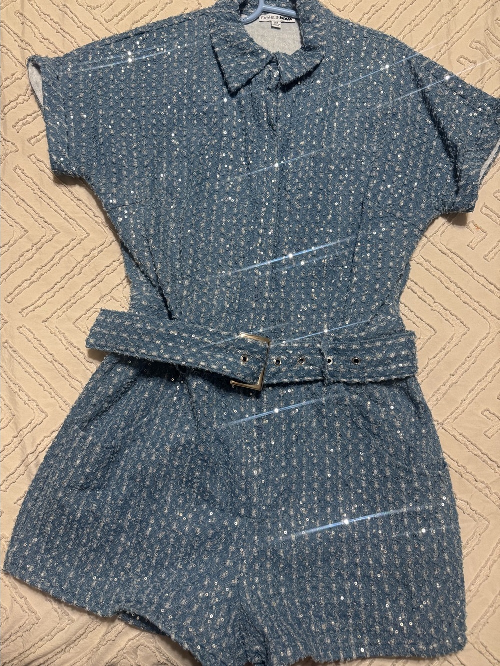Fashion Nova Blue Textured Short-Sleeve Romper with Belt